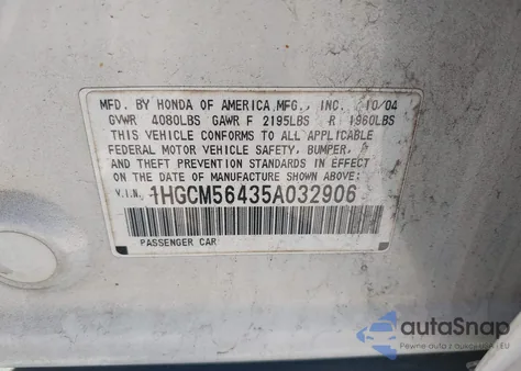 2005 Honda Accord Lx из США, поврежденный, VIN 1HGCM56435A032906